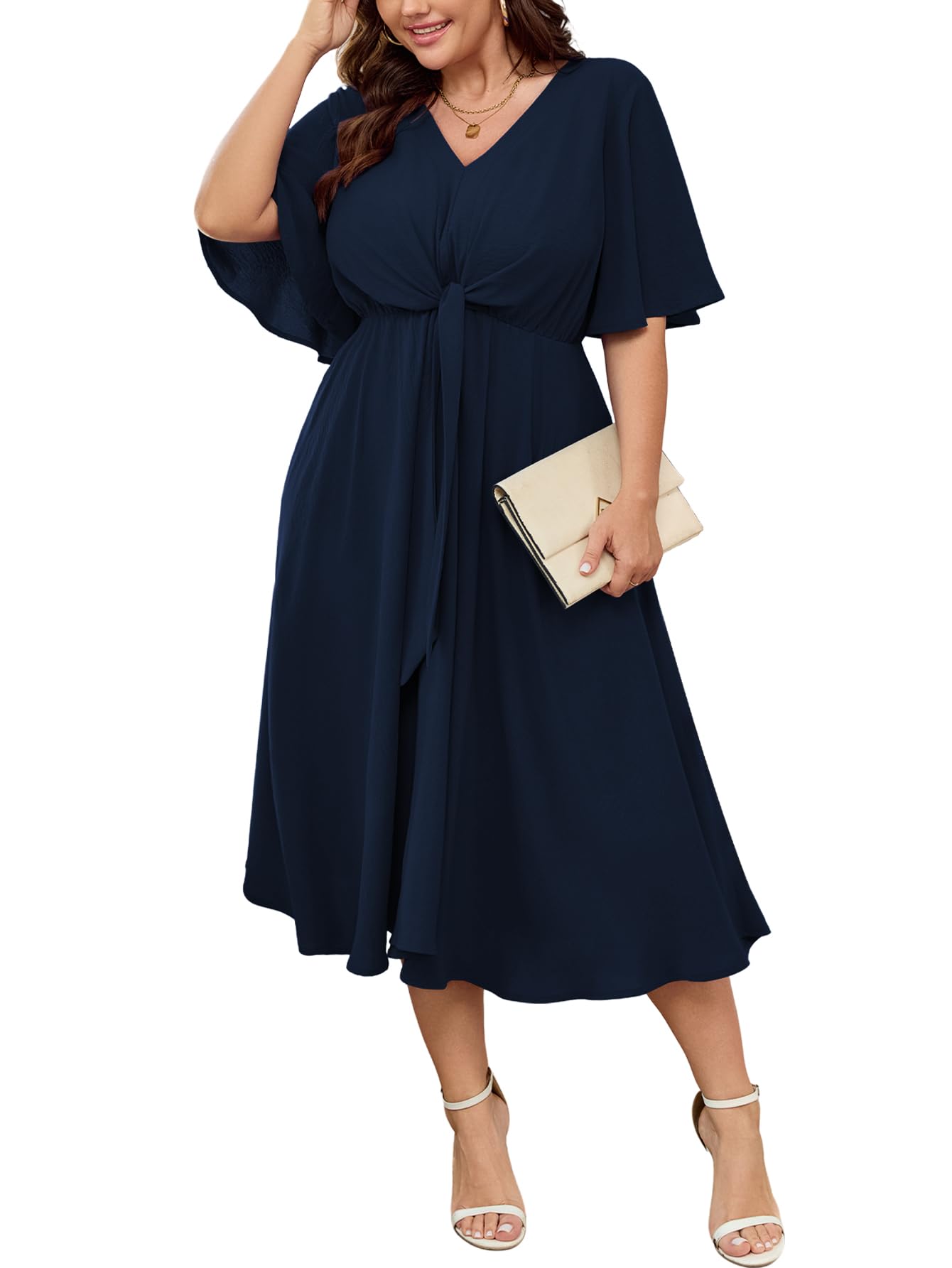Photo 1 of SCOMCHIC Women Plus Size Midi Dresses Wedding Guest Short Sleeve V Neck Tie Waist Casual Summer Flowy A Line Dress Navy Blue