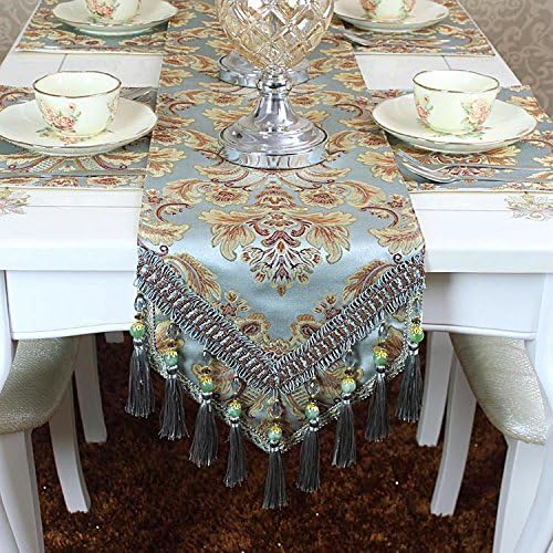 Ethomes Modern Jacquard Floral Table Runner for Dinning/Tea/TV Table with Handmade Tassel Embroidered multi-tassels Sky Blue 72 inch approx