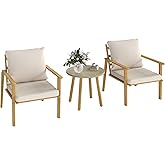 Outsunny Outdoor Bistro Set, 3 Piece Patio Set, Wood Effect Steel Round Table and Chairs with Wide and Deep Seat, Small Conversation Patio Furniture with Cushions for Backyard, Porch, Cream White