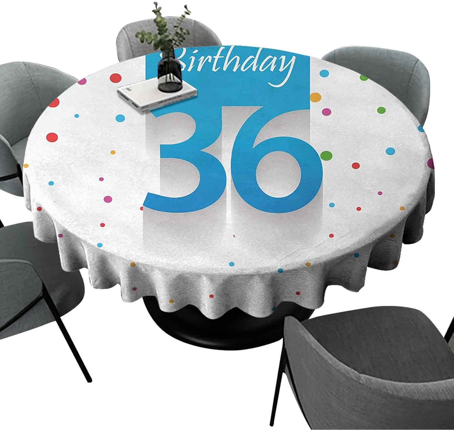 36th Birthday Round Table Cloth Happy Birthday Quote on Blue Backdrop