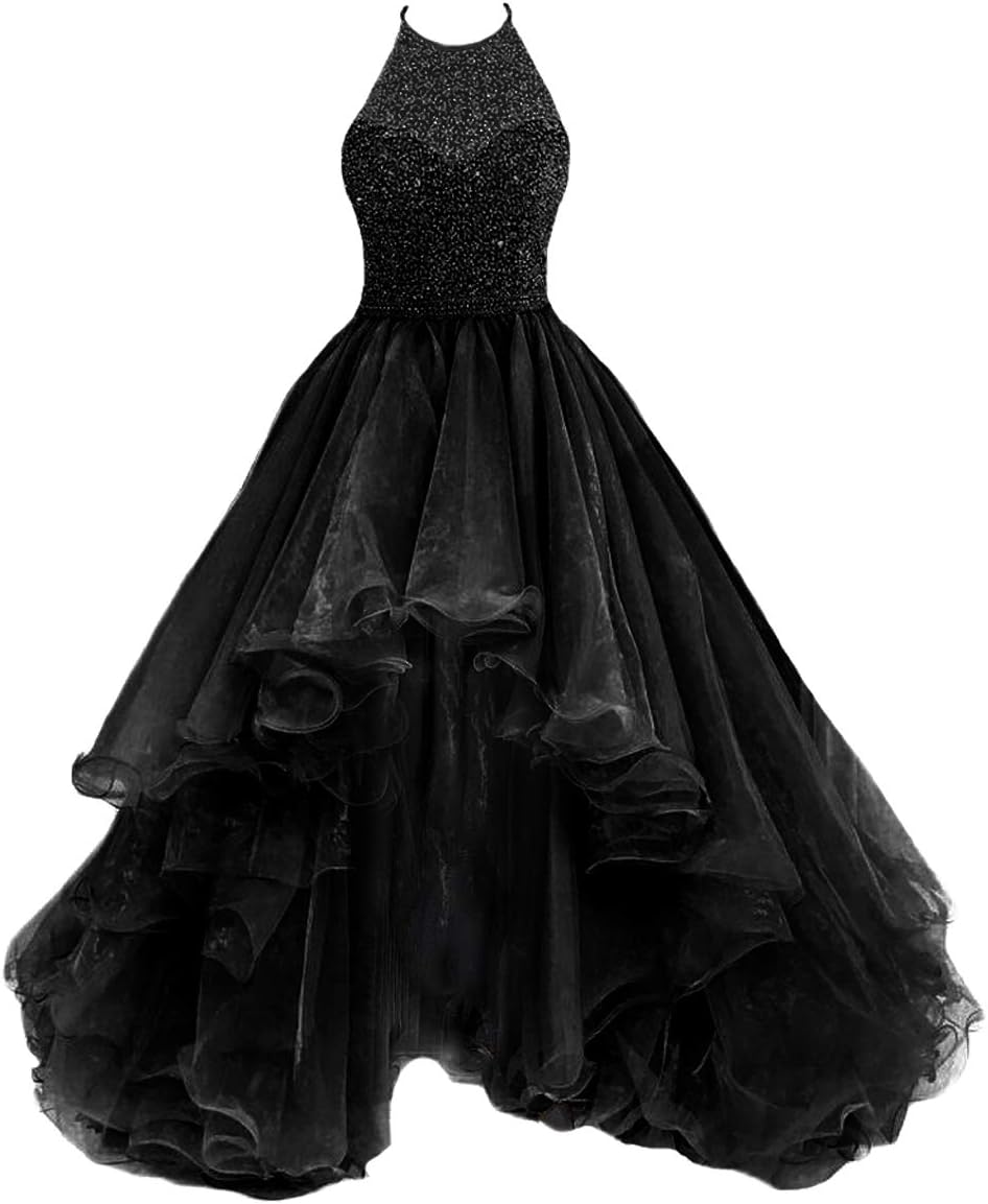 TBGirl Women's High Low Beading Champagne Organza Halter Prom Dresses