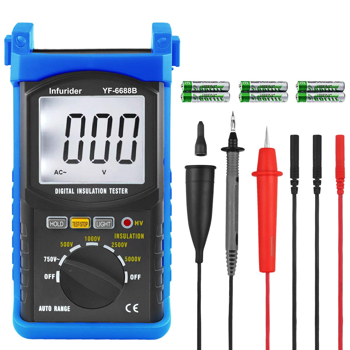 INFURIDER YF-6688B Digital Insulation Resistance Tester MegOhmmeter DC AC Voltmeter,Test Voltage 5000V,Insulation Resistance 200G Ohms with Large LCD Backlit and High Volt Indication