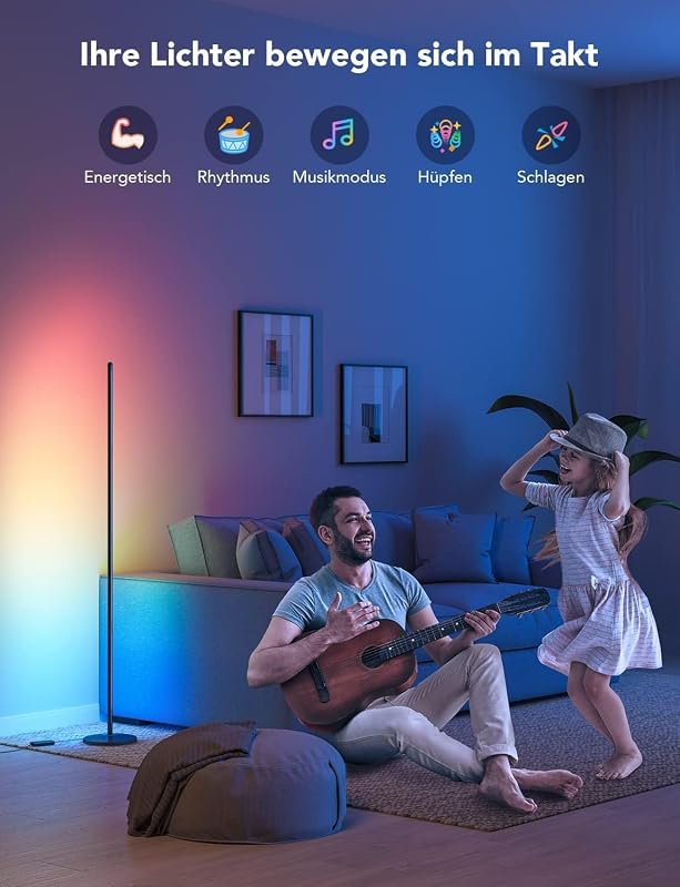 RGBIC LED Stehlampe Wohnzimmer, WiFi Stehlampe 1000lm Dimmbar Schwarz