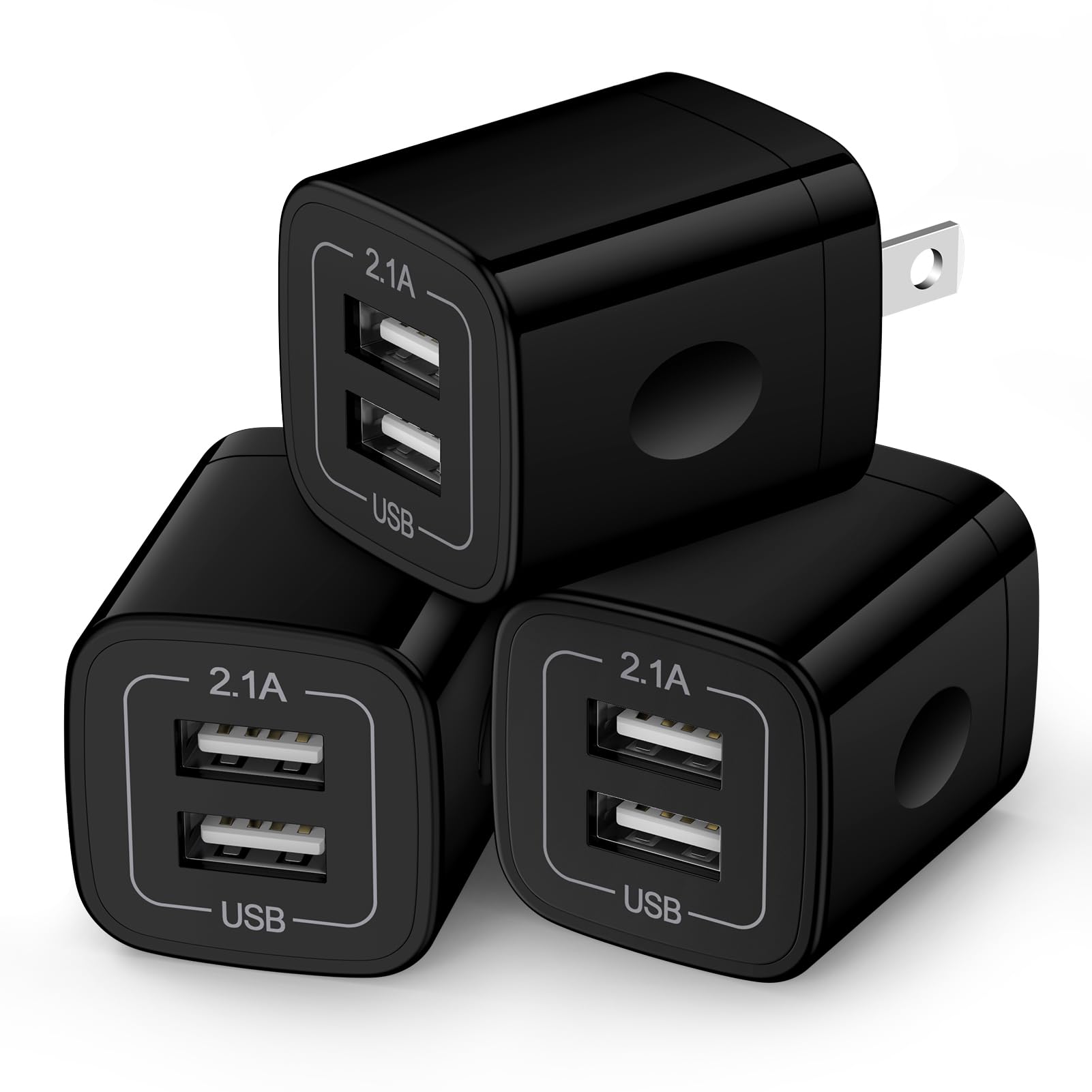 Wall Charger Block,2.1A/5V Dual Port USB Wall Plug in Phone Travel Power USB Adapter Plug,3Pack Black Charger Cube Fast Charging Compatible iPhone 17 16e 15 Pro/14,Samsung Galaxy S25/S24/S23/S26 Ultra