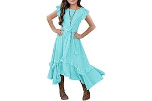 MITILLY Girls Loose Plain 3/4 Sleeve Casual Pocket Ruffle Swing Long Maxi Dress with Belt