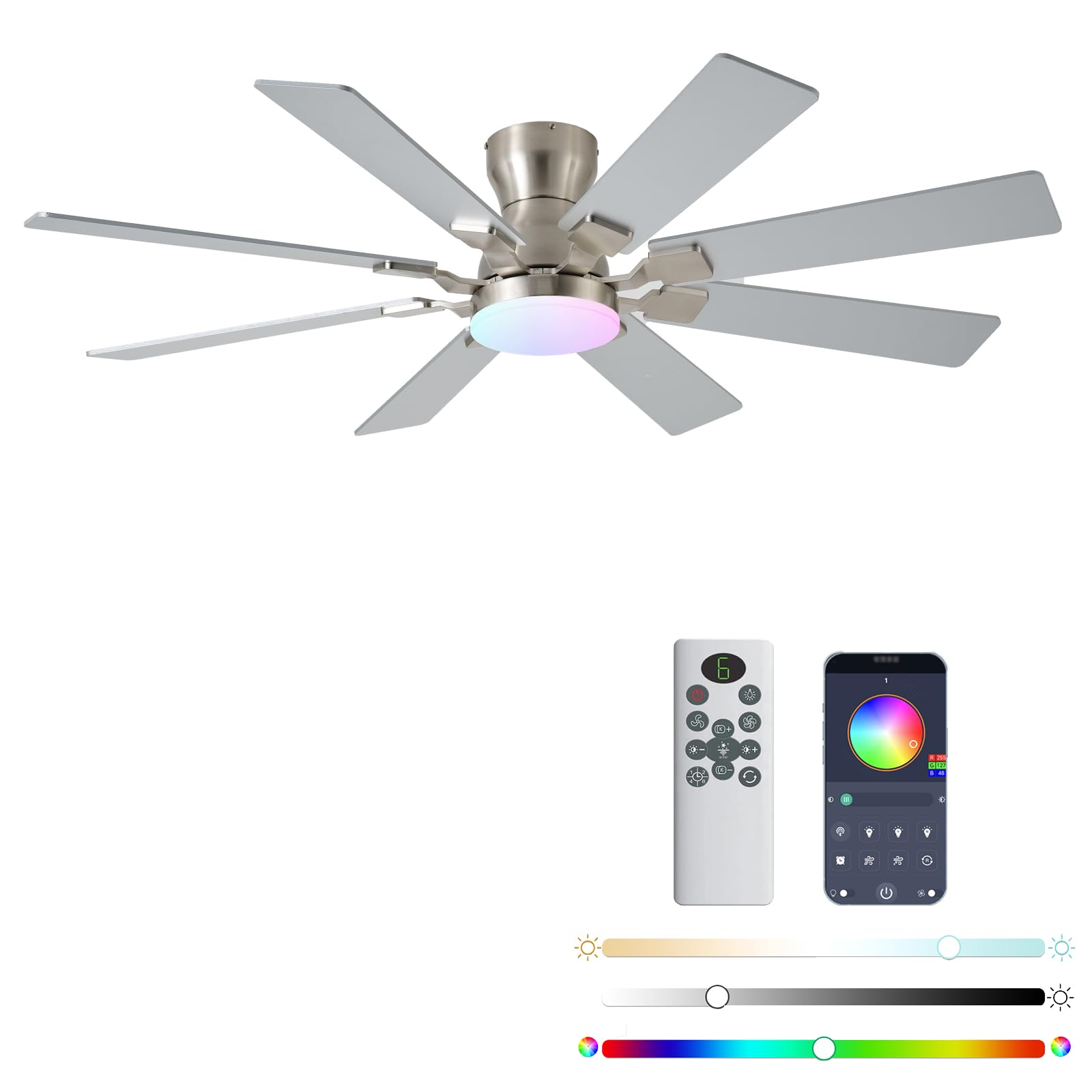 Photo 1 of JSAITEE 52 inch Ceiling Fan with Light, 6 Speeds Reversible Low Profile Ceiling Fan with Light and Remote/APP Control, 3 Color Temp+Dimmable RGB, 8 Blades, Flush Mount Quiet Ceiling Fans, Nickel