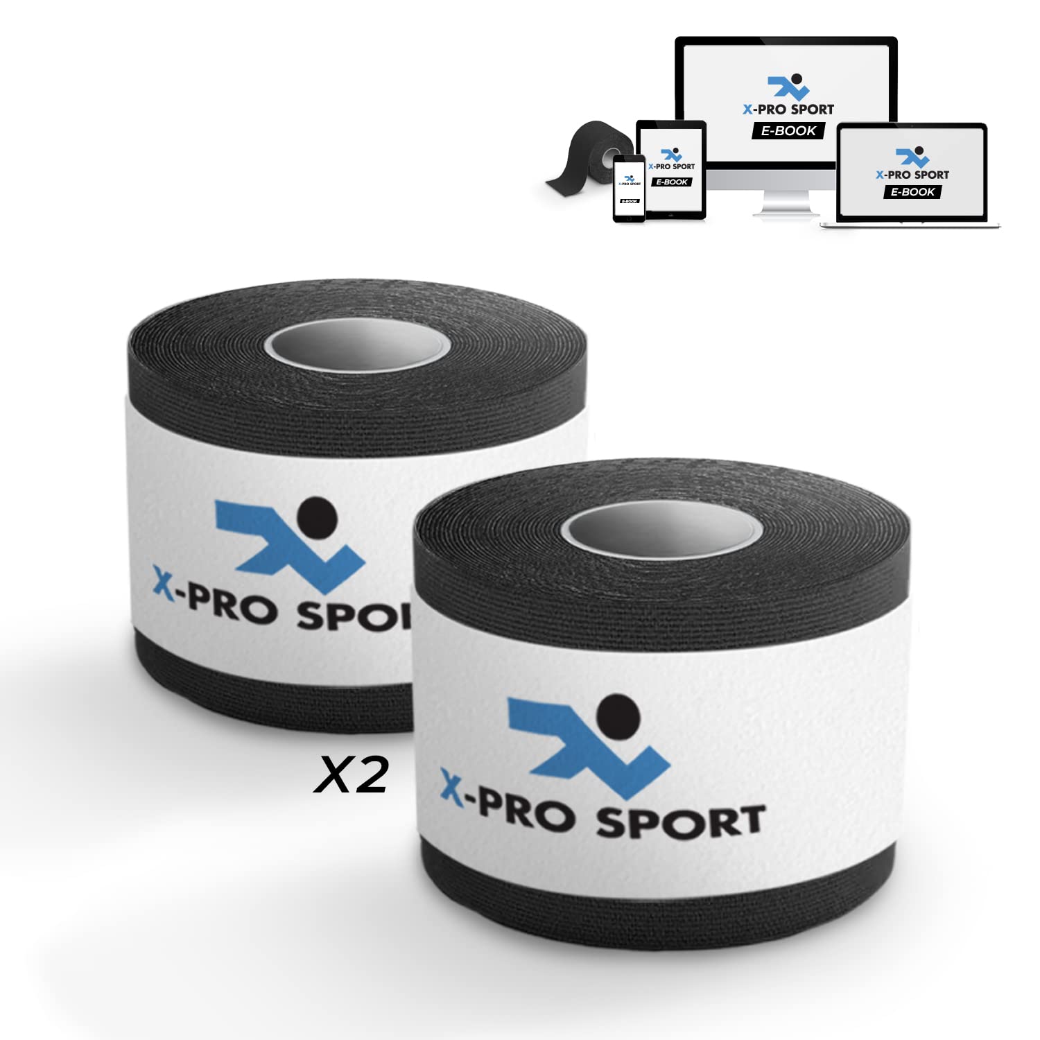 Kinesiological Tape 5m x 5cm, X-PRO SPORT Kinesio Tape with e-book with application examples, Muscle Patch, Strong Taping Resistant Elastic (2 X BLACK)