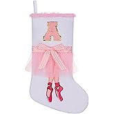 TWSANTAMAS 17.5 inch Ballet Christmas Stocking,Feather & Bow Embroidery Design, Holiday Party Decor for Fireplace Mantel Gifts,Initial A