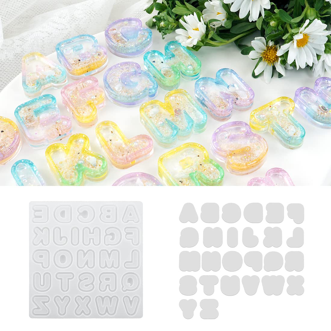 Voyyphixa Alphabet Quicksand Resin Mould Resin Shaker Moulds with 26 Letter Seal Films Charms Epoxy Resin Casting Molds for DIY Keychain Pendant Jewelry Ornaments (quicksand mould)