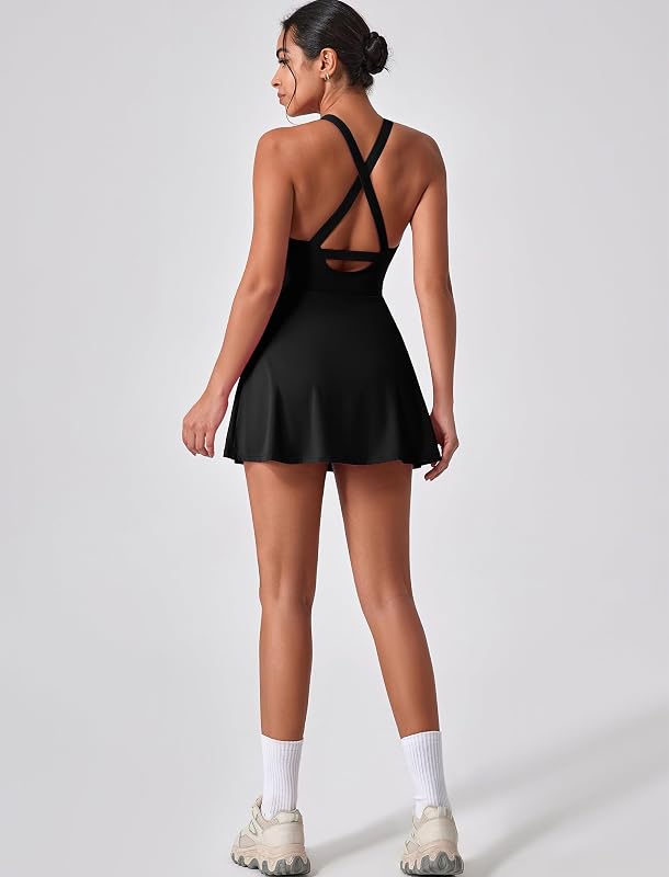 Tenniskleid Damen Golfkleid mit Integriertem BH und Shorts Tasche Cross Back Cut Out Sportkleid Mädchen Trainingskleid Freizeitkleid Tank Dress Athletic Workout Fitness Sport schwarz M