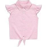 Eymitory Girls Sleeveless Button Down Shirt Plaid Crop Tank Tops Summer Tie Knot Ruffle Sleeve Shirts Blouses