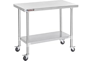 DuraSteel Stainless Steel Food Prep Work Table with 4 Caster Wheels - Commercial Grade 34" Height Worktable - Great For Restaurant, Business, Warehouse, Home, Kitchen, Garage