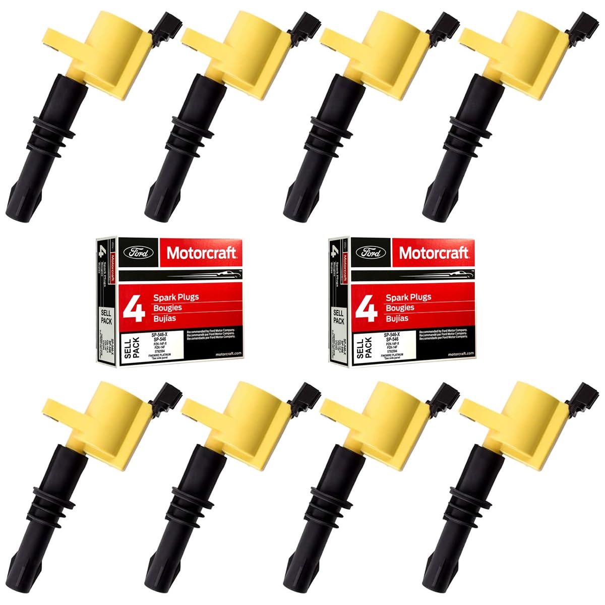 Photo 1 of MAS Set of 8 Yellow Straight Boot Ignition Coils Pack & 8 Motorcraft Platinum Spark Plug SP515 SP546 Compatible with Ford Expedition F150 F250 Super Duty Lincoln Navigator C1541 FD508 DG511