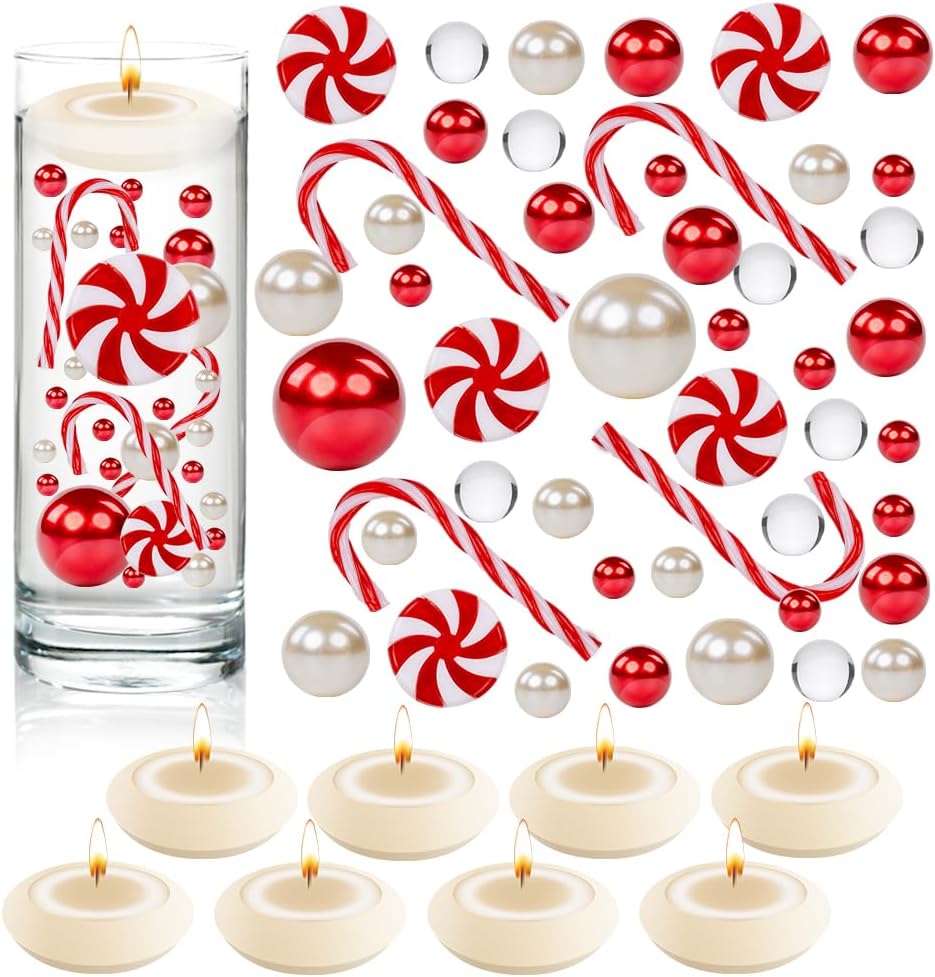 Vase Fillers - MadeTop 4114 Pcs Christmas Vase Filler Pearls for Vase Fillers Floating Candles Centerpiece with 8 Floating Candles Water Gels Beads for Christmas Home Table Party Decor（Classic Style）