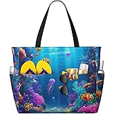 REVENEVER Beach Tote Bag for Women Foldable Waterproof and Sandproof Tote Bag with Zipper Print Beach Bag Large Travel Bag