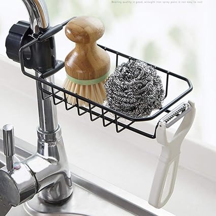 Amazon Vecu キッチン蛇口スポンジホルダー ステンレススチールシンクキャディオーガナイザー 排水ラック キッチンアクセサリー 食器洗い用液体水切りラック ボトルブラシ収納 ブラック Vecu 水切りラック