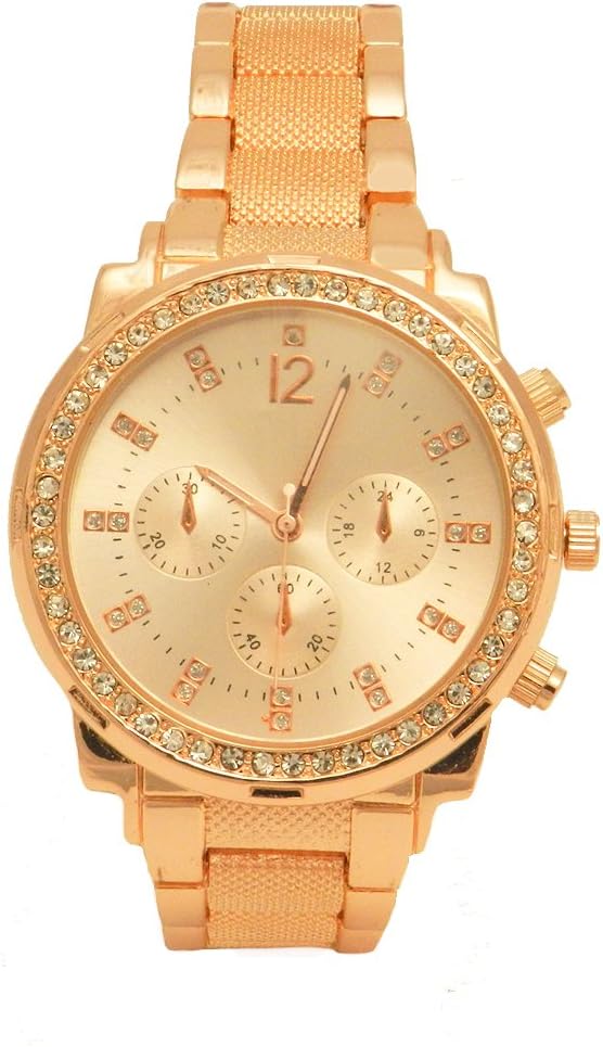 Rose Colored Chronograph Gems on Dial and Bezel Big Face Pave Links Lined Band Dress Women Watch