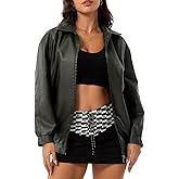 hathne Women's Oversized Leather Jackets Faux Zip Up Fall Fashion Motorcycle Jackets Coats Winter Clothes