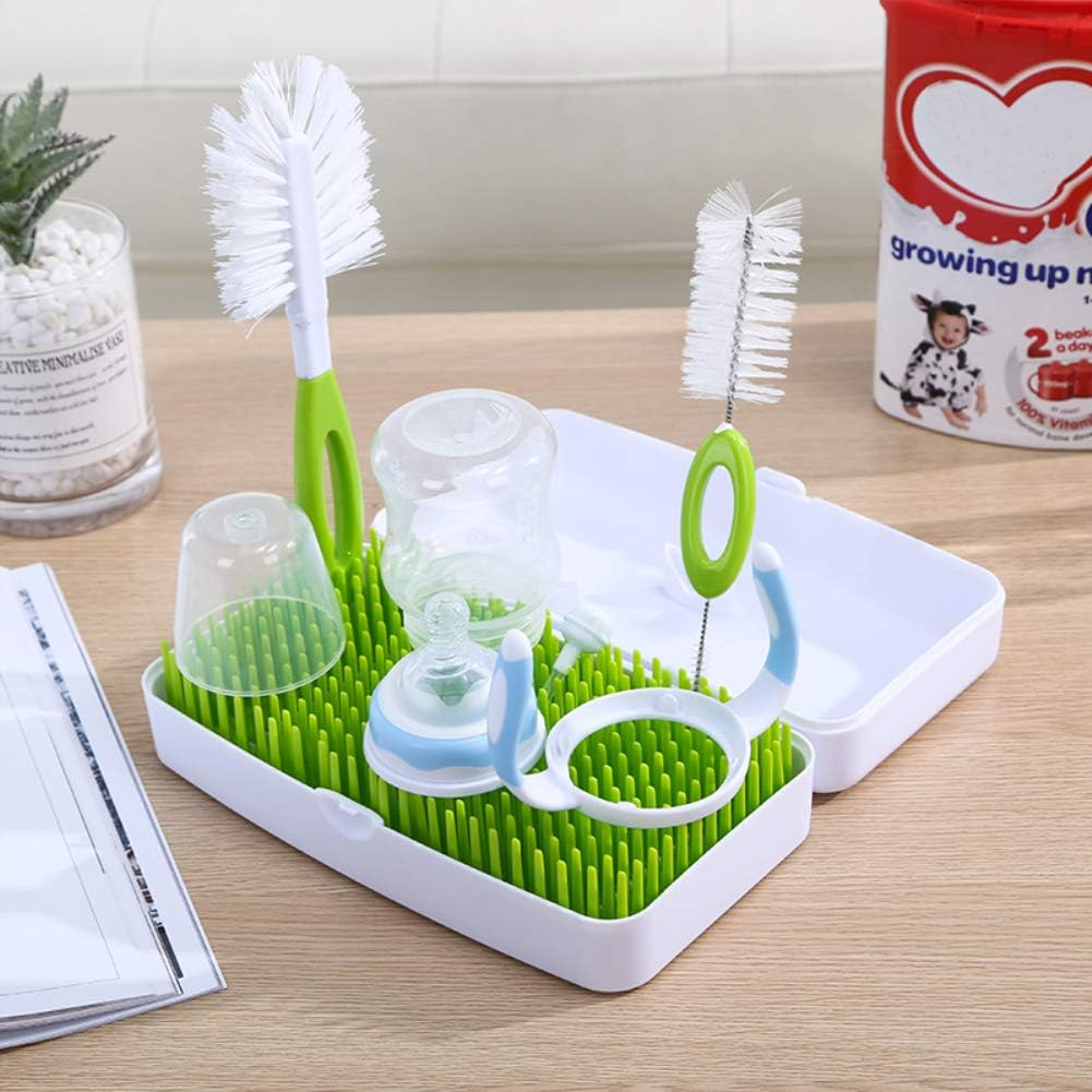 DQTYE BPA-Free Baby Bottle Drying Rack with Removable Water Tray Nipple Dryer Holder Anti-Bacterial Large Grass for Teats, Cups, Pump Parts Storage Drying Organize with Brush