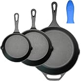 Kookantage Cast Iron Skillet 3-Piece Set, Antirust Treated, Pre-Seasoned 6", 8", 10" Pans with Silicone Hot Handle Holder For Frying, Saute, Cooking, Oven, Grill
