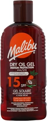 Malibu Sun SPF 15 Dry Oil Gel 200ml Beta Carotene Coconut Oil Water Resistant view 1