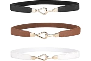 Nivofu 3pcs Women Skinny Elastic Belts, Thin Leather Belt with Gold Buckle, Elastic Waist Belts for Jeans Pants Dress