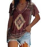 CUEPANDA Short Sleeve Shirts for Women Summer Casual Western Shirts V Neck Ethnic Geometric Aztec Print Tops Blouse Pullover