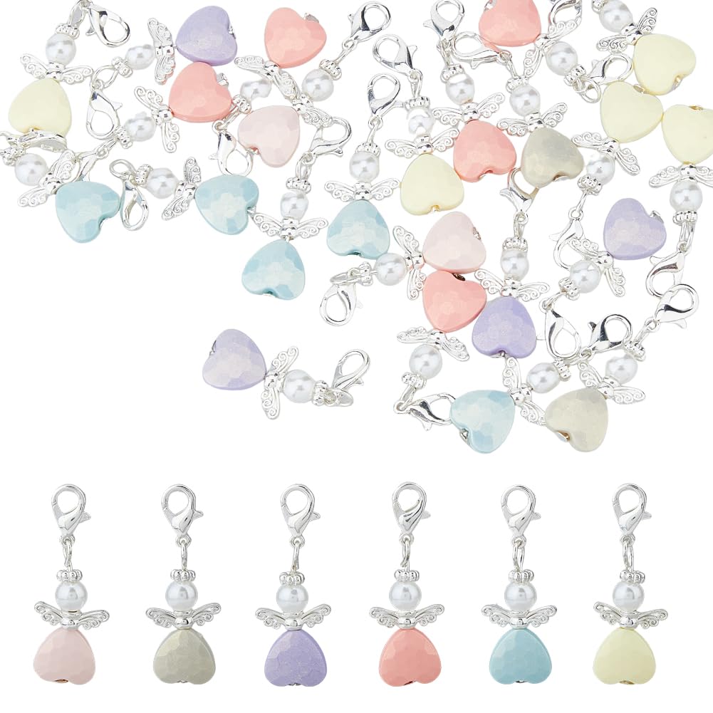 SUPERFINDINGS 84Pcs Angel Wing Clip on Charms Heart Dangle Charms with Lobster Clasps Imitation Pearl Beads Dangle Pendants Acrylic Fairy Zipper Pulls for DIY Jewelry Making Crafts Baby Shower Favor