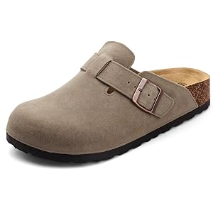 AUGCY Suede Clogs for Womens Slip on Shoes, Comfortable Leather Soft Footbed Cork Slippers with Arch Support & Adjustable Buc