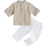 Karuedoo Toddler Baby Boy Clothes Cotton Linen Henley Shirts Button Down Long Sleeve Shirts Casual Pants Set