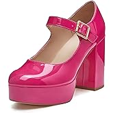 Coutgo Womens' T-Strap Round Toe Chunky Platform Heels Patent Mary Jane Dress Shoes