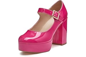 Coutgo Womens' T-Strap Round Toe Chunky Platform Heels Patent Mary Jane Dress Shoes