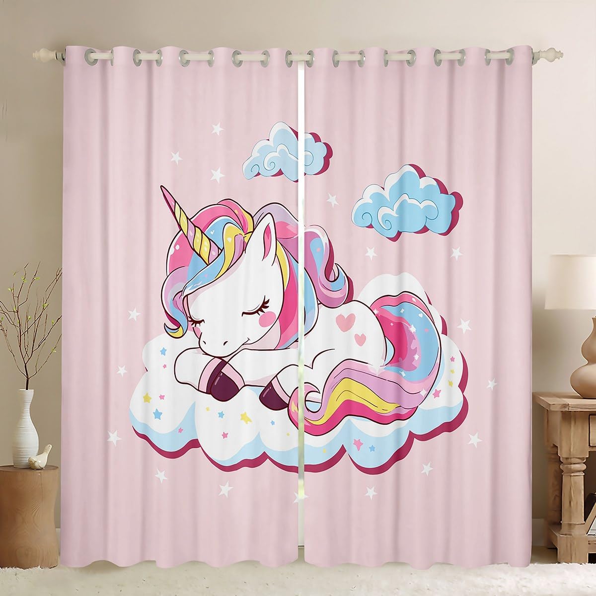 Homemissing Girly Unicorn Window Treatments Fantasy Unicorn Themed Curtains For Kids Girls Children Magical Animal Window Drapes Fairy Cartoon Pattern Curtains,W46*L54