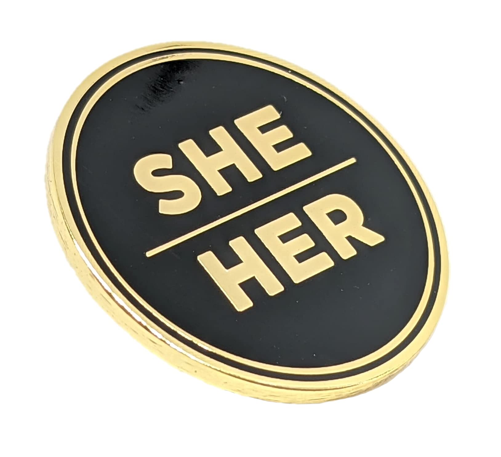 She Her Pronoun Pin Black and Gold Circular Hard Enamel Pronoun Pin | Gender Identity She Her Workplace Pronoun Button
