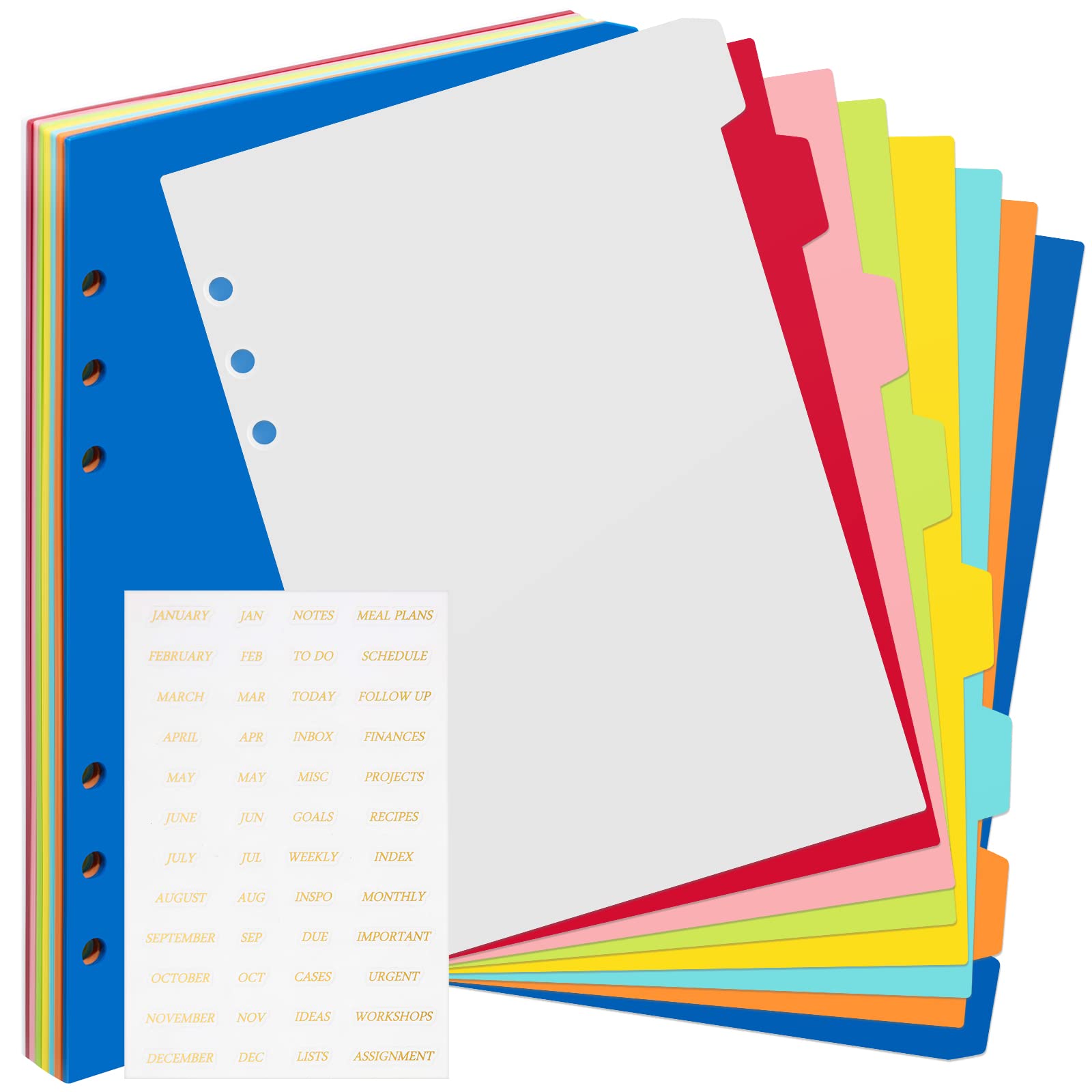 Photo 1 of 32 Pcs A5 Index Divider 6 Hole Binder Dividers 8.27 x 5.83 Inch 8 Colors Plastic Binder Dividers with Gold Month Stickers for Notebook Loose Leaf Binders Travel Diary Journal Planner