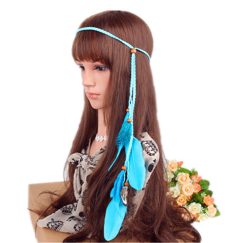 Zhiheng Indian Feather Headdress Necklace Waistband Peacock Hippie Headband Boho Headwear Carnival Head Pieces Hair Accessories Masquerade Fancy Dress for Party Festival (Style 2)