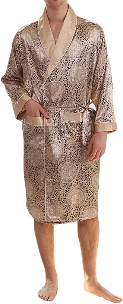 Mens Satin Robe Lightweight Silk Spa Bathrobe with Shorts Nightgown Long Sleeve House Kimono Printed Bathrobe Set
