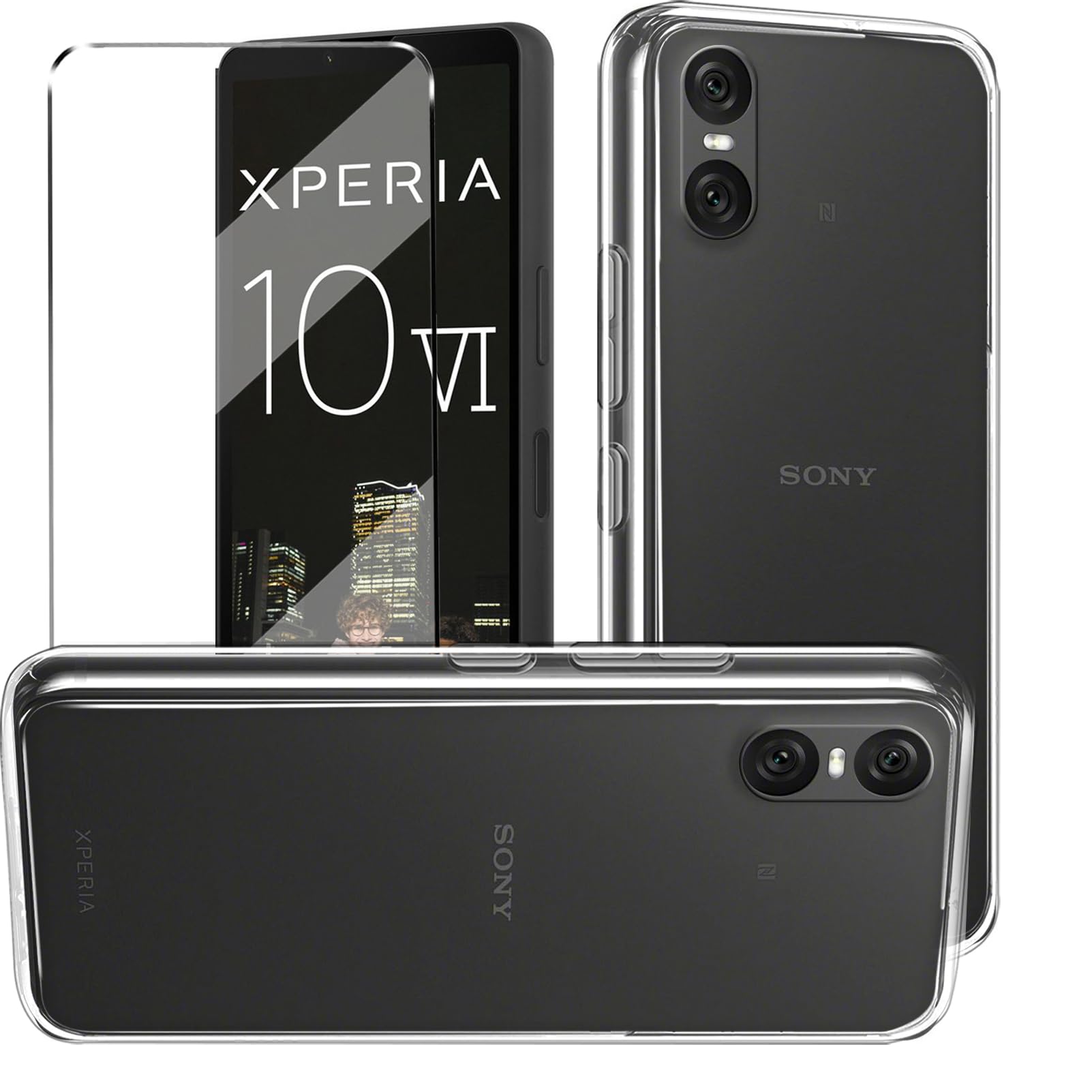 HuiYouMY 2-in-1 Case Compatible with Sony Xperia 10 VI Cover with 1 Pack Tempered Glass Screen Protector for Sony Xperia 10 VI, Slim Fit Soft TPU Shockproof Anti-Scratch Phone Case Cover - Clear