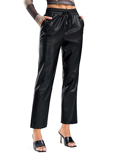 SANTINY Women's Faux Leather Pants High Waisted Straight Leg