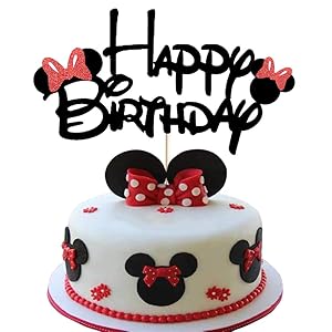 Minnie Happy Birthday Cake Topper with Bow Tie Glitter Minnie Mouse First Birthday Two Three Four Five Six Years Old Birthday Minnie Themed Kids Girls Birthday Party Cake Supplies Decoration