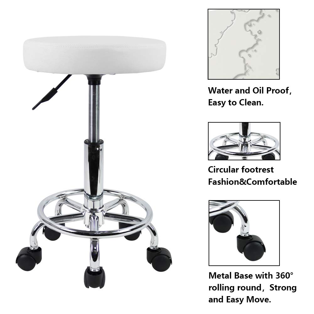 KKTONER PU Leather Round Rolling Stool with Foot Rest Swivel Height Adjustment Medical Spa Drafting Salon Tattoo Work Office Massage Stools Task Chair White Small (White): Furniture & Decor
