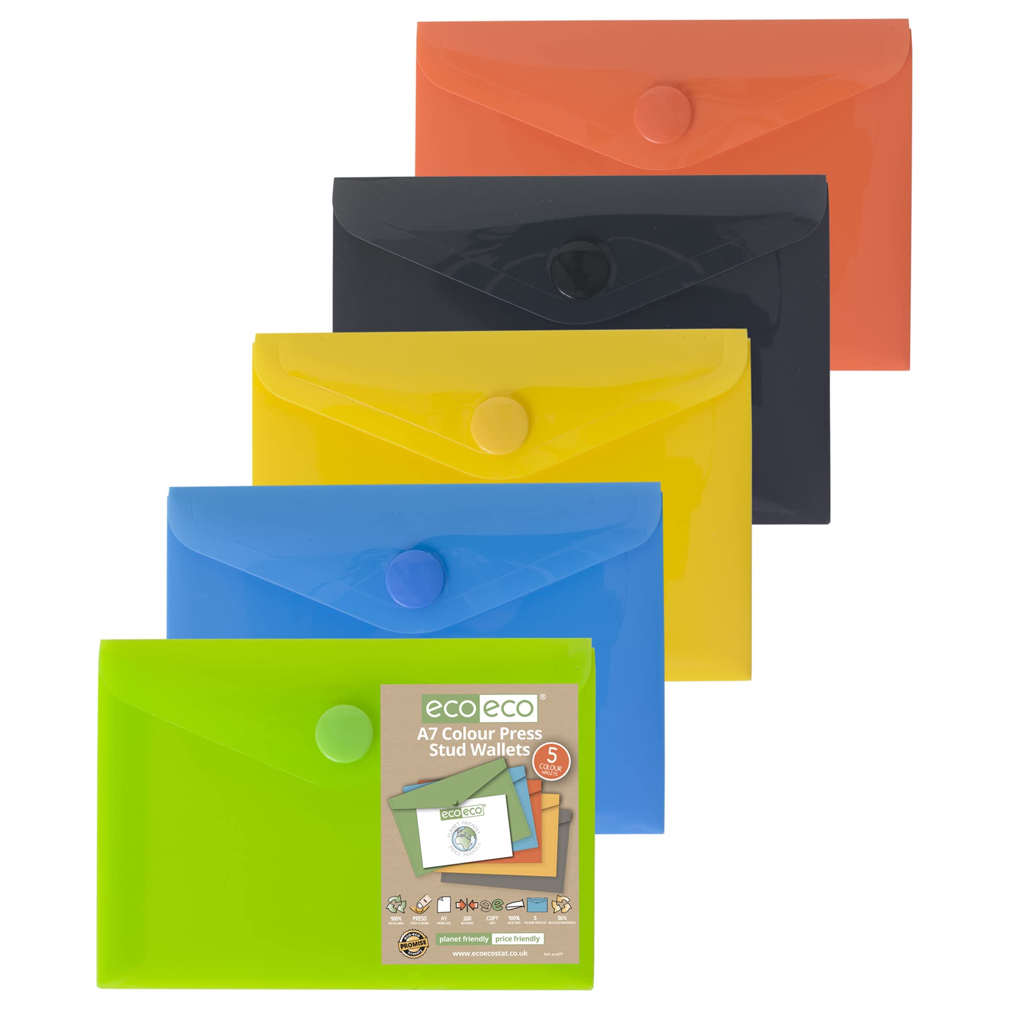 eco-eco A7 50% Recycled Assorted Colours Press Stud Popper Wallet, Plastic Folders (Pack of 5), 105mm x 74mm, eco077