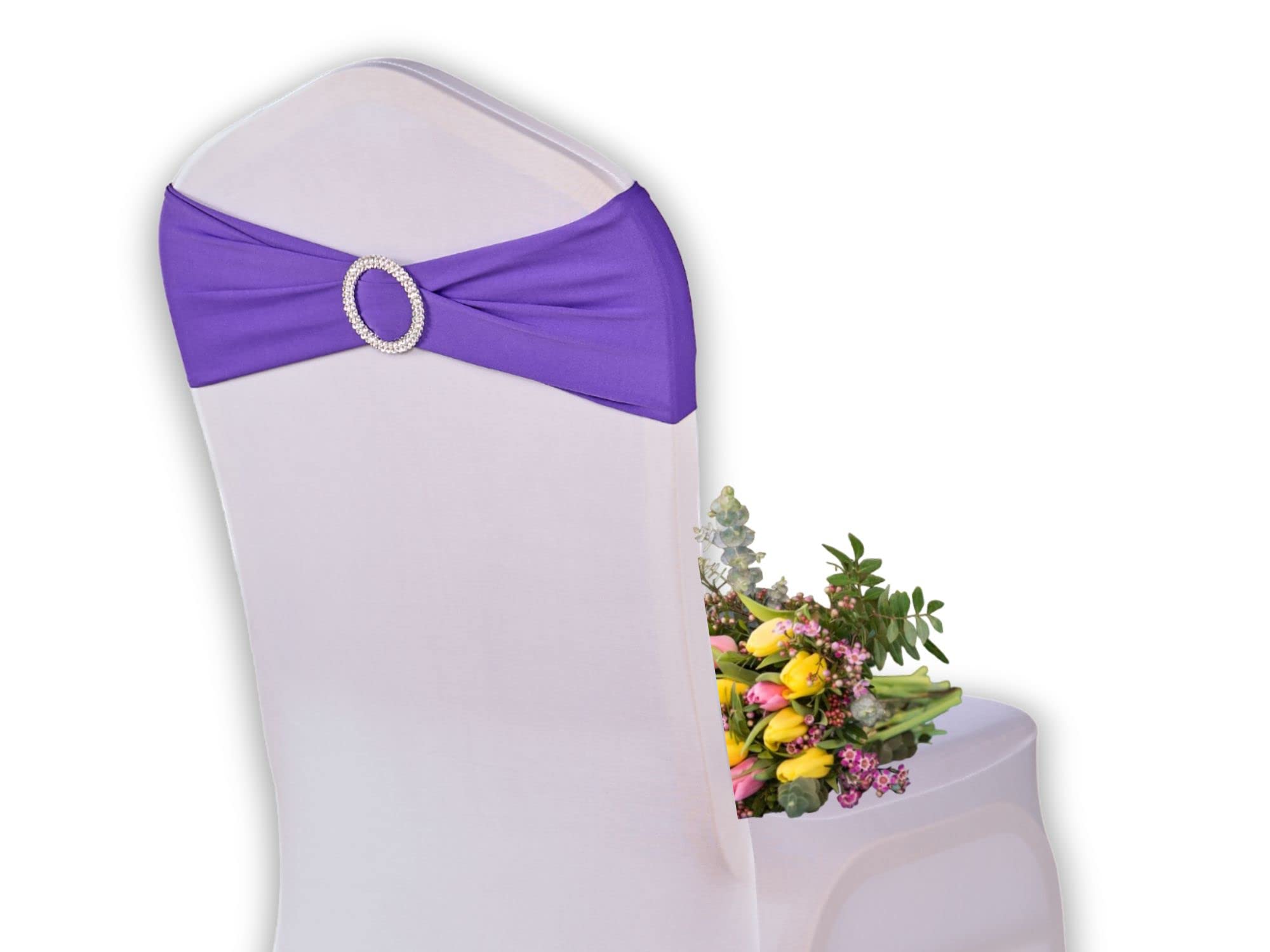 Elegant Event Essentials - 10 Pieces - Spandex Stretch Elastic with Round Buckle Slider Chair Cover Band, Sash Tie For Wedding, Party Chair Decor, Hotel, Christmas, Reception, Banquets - Purple