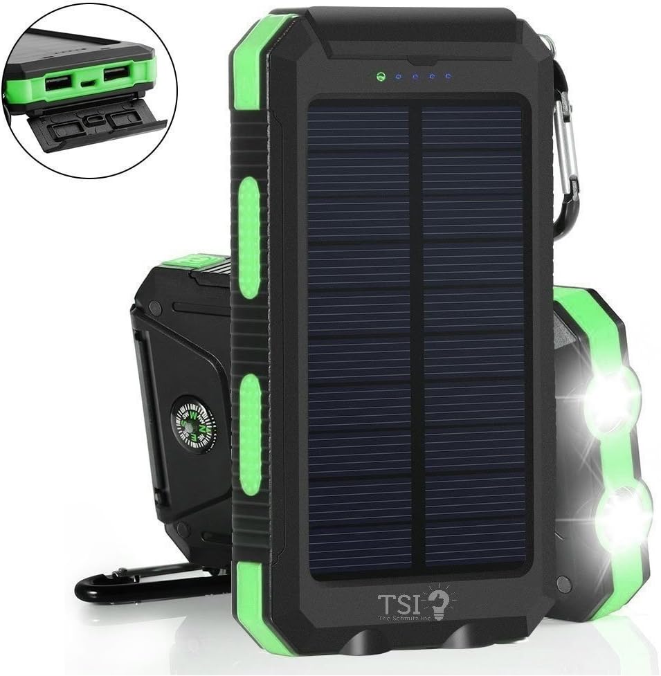 Solar Charger 30000mAh Power Bank Portable Backup Battery Waterproof Panel Charger for Cellphone,Tablet and Most Gadget w/ Dual USB, LED Light, Compass, Hook for Indoor and Outdoor Charging (Green)