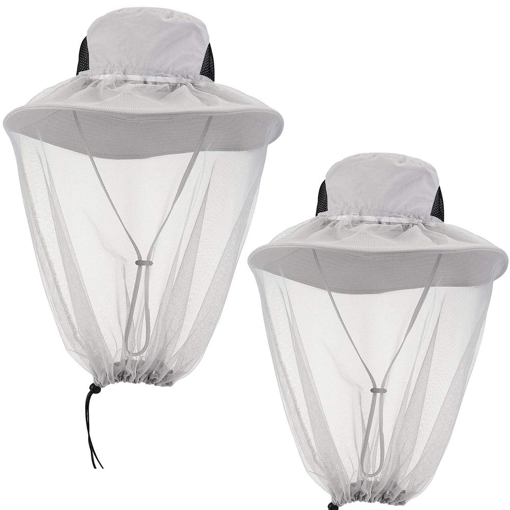 2 Pack Mosquito Head Net Hat Hats with Removable Veil Net Mesh Hiking Fishing Gardening Protect from Bee Mosquito for Women Men, Gray