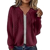 WROLEM Women's Zip Up Cardigan Sweater Cable Hoodies Long Sleeve Jacket Outfits Crewneck Casual Coat
