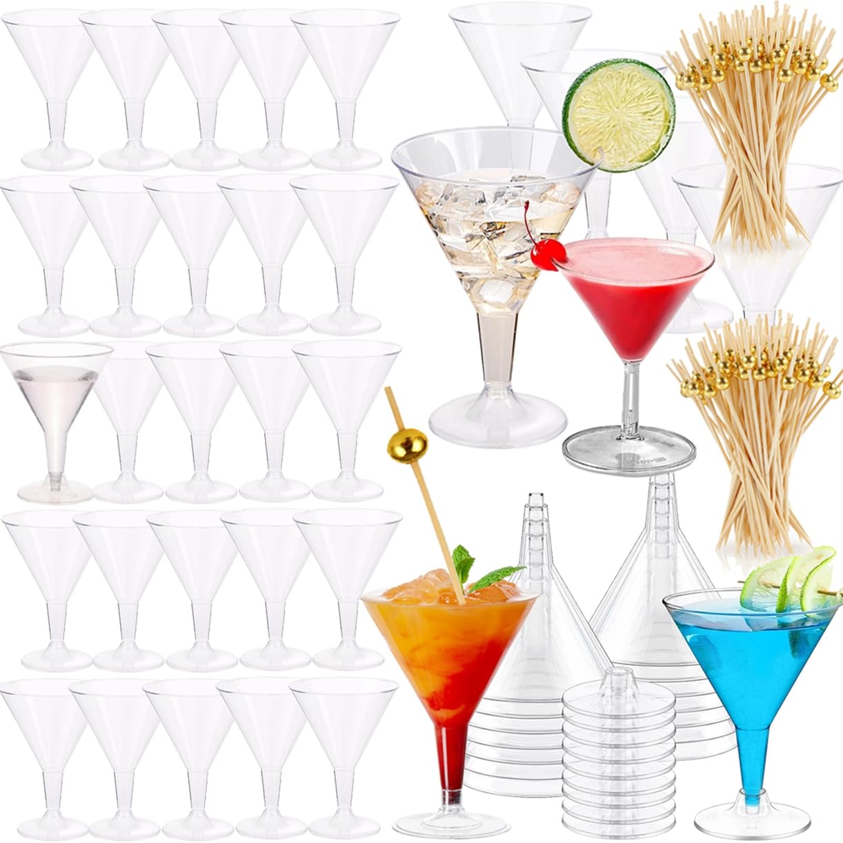 Photo 1 of 200pcs Cocktail Picks+54 Plastic Martini Glasses Disposable Martini Glasses for Parties, 7 Oz Disposable Cocktail Glass with Party Toothpicks for Appetizers,Plastic Martinis Cups for Margarita