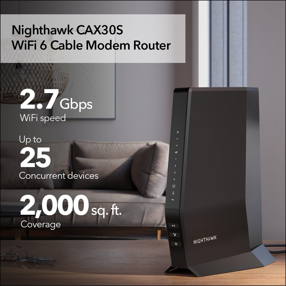 NETGEAR Nighthawk Modem Router Combo (CAX30S) DOCSIS 3.1 Cable Modem and WiFi 6 Router - AX2700 6.0 Gbps - Compatible with Xfinity, Spectrum, Cox, and More - Gigabit Wireless Internet - NETGEAR Armor