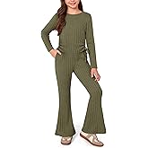 IIMMER Girls Fall 2 Piece Outfits Ruched Long Sleeve Tops & Cozy Rib-Knit Flared Pants With Side Pockets 3-12 Years