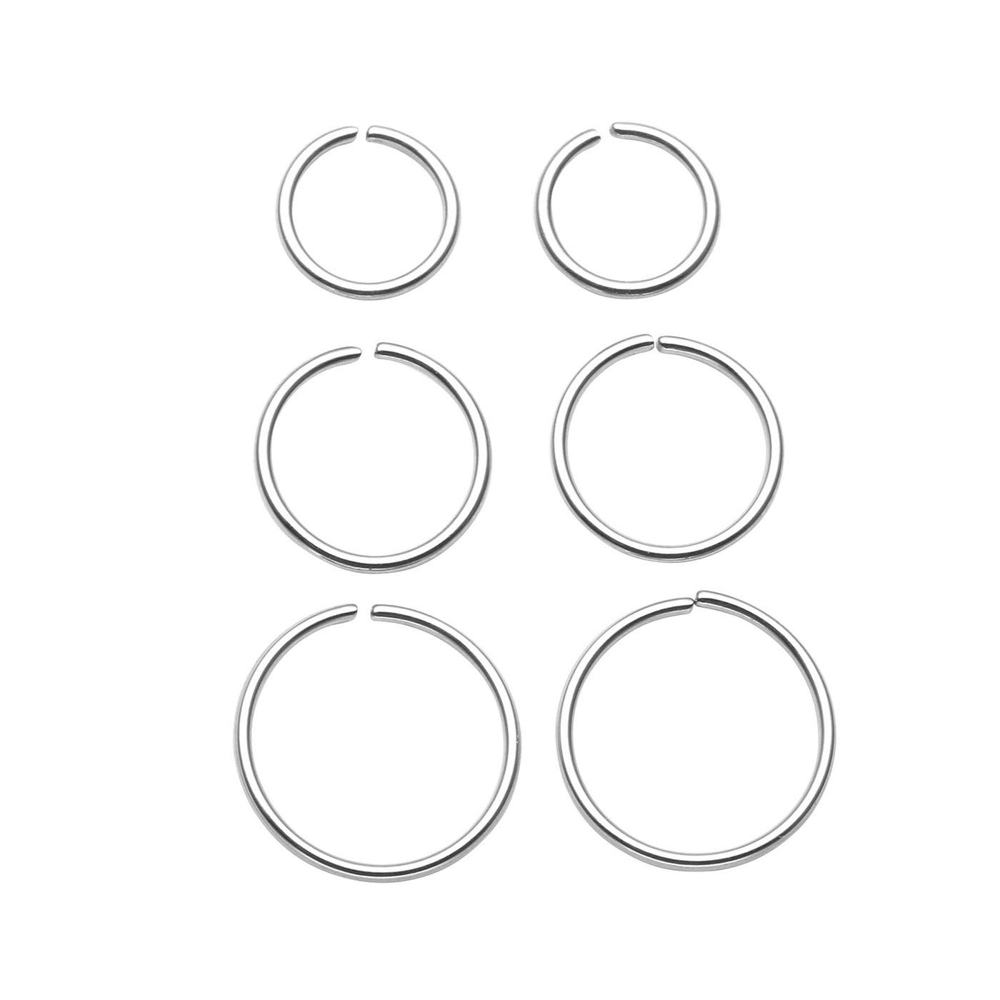JSDDE 6pcs 20G Stainless Steel Nose Ring Hoop Septum Lip Tragus Earring Cartilage Helix Piercing 6mm-10mm Silver